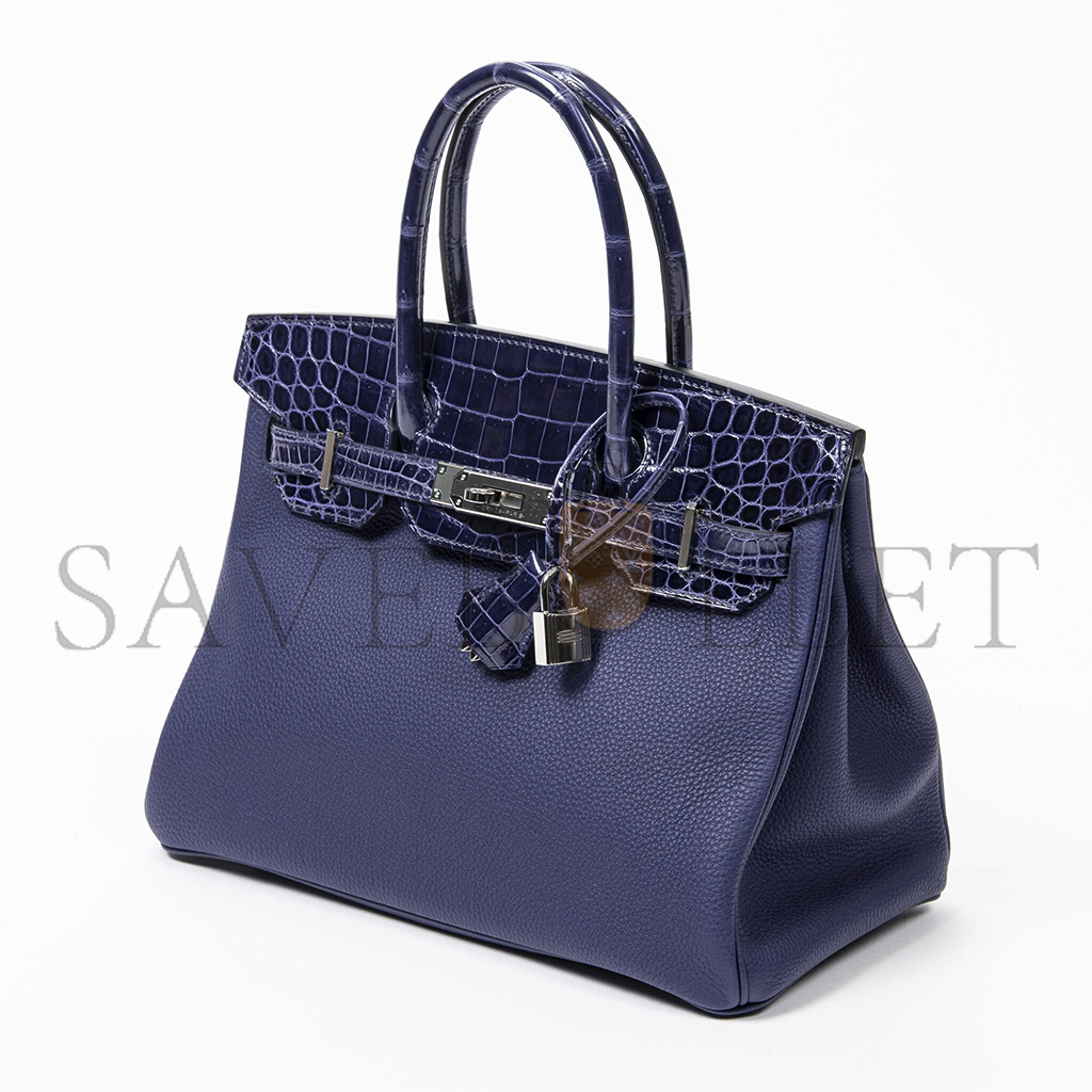 H**mes master birkin 25 crocodile and togo leather storm blue silver buckle h076216ck23 (25*20*13cm)